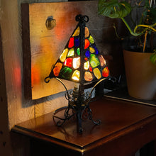 Load image into Gallery viewer, Decorative lamp with stained glass design on a wooden surface