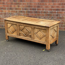 Load image into Gallery viewer, Arts & Crafts Oak Coffer Blanket Chest Gothic Revival Style