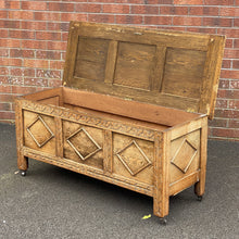 Load image into Gallery viewer, Arts & Crafts Oak Coffer Blanket Chest Gothic Revival Style