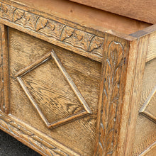 Load image into Gallery viewer, Arts & Crafts Oak Coffer Blanket Chest Gothic Revival Style