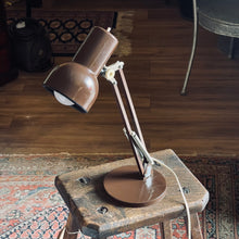 Load image into Gallery viewer, Brown desk lamp on a wooden block with a patterned rug and wooden floor in the background