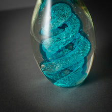 Load image into Gallery viewer, Mid Century Art Glass Paperweight Teal Spiral