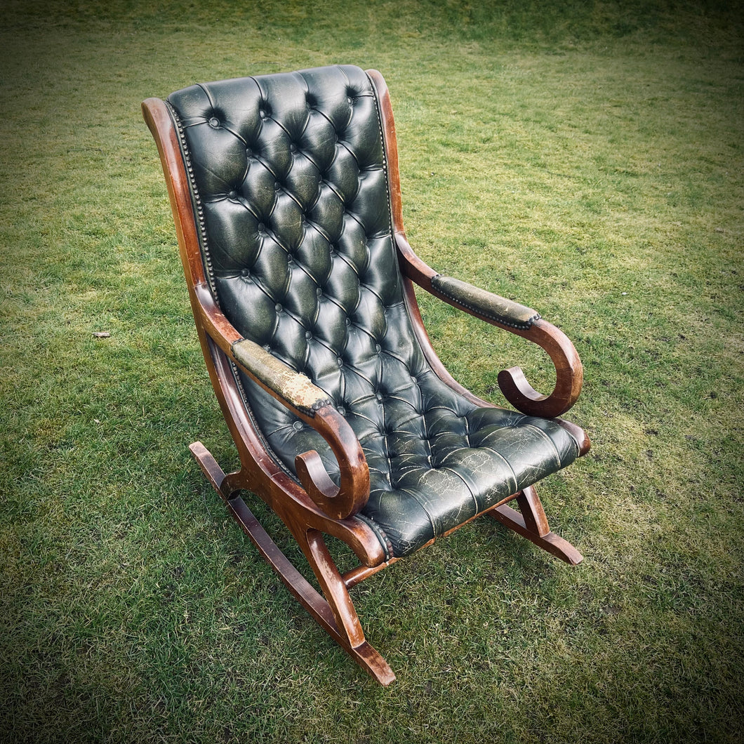 Victorian Green Leather Button Back Rocking Chair