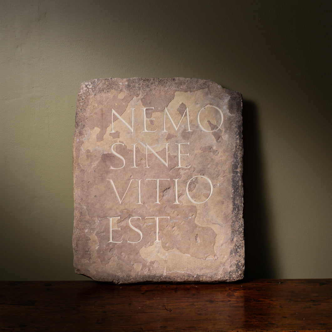 Aged Stone with Hand-Carved Latin Inscription
