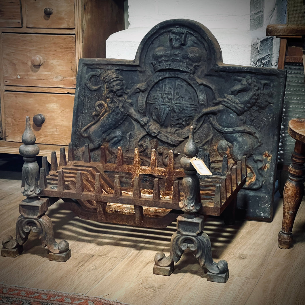 Cast Iron Fire Back, Basket and Dogs